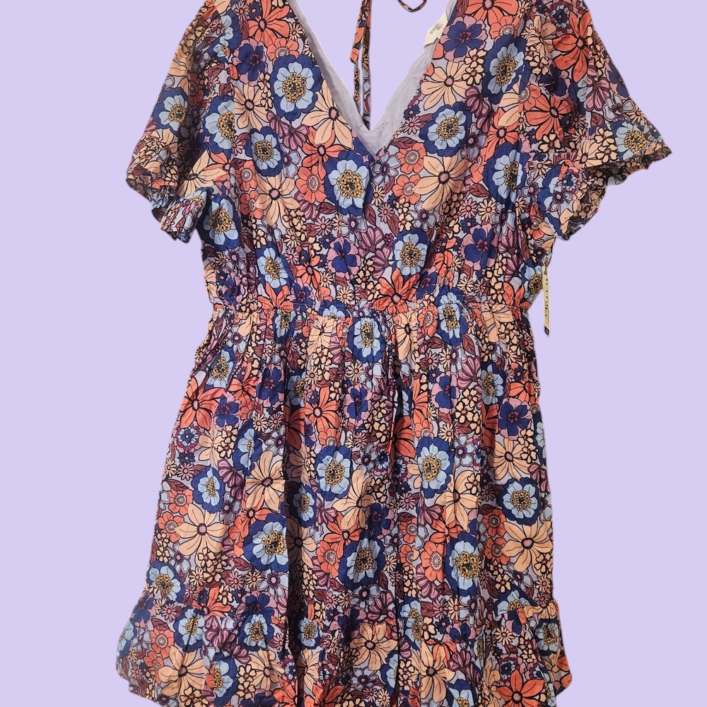 Terra & Sky Blue Orange Tie Upper Back Mini Dress